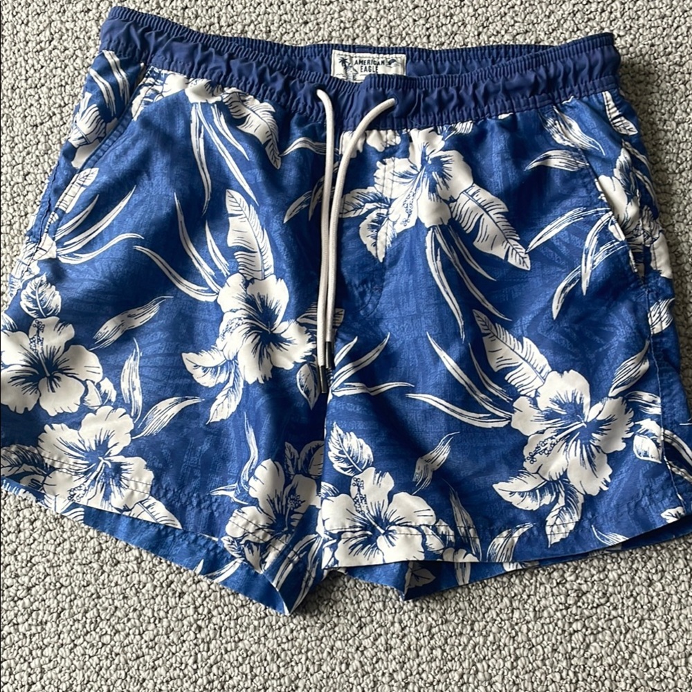 American Eagle Outfitters Blue and White Swim Trunks with Floral Design